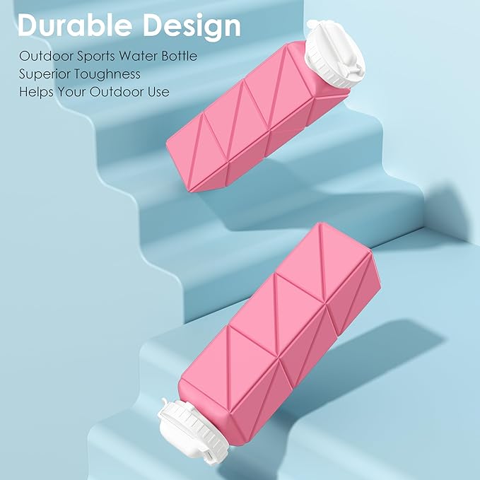 Collapsible Water Bottles,BPA-Free Leak-Proof Silicone Foldable Water Bottle Cup 20.6oz,Durable Lightweight Bottle for Gym Travel Camping Hiking Running (Type2 Pink)