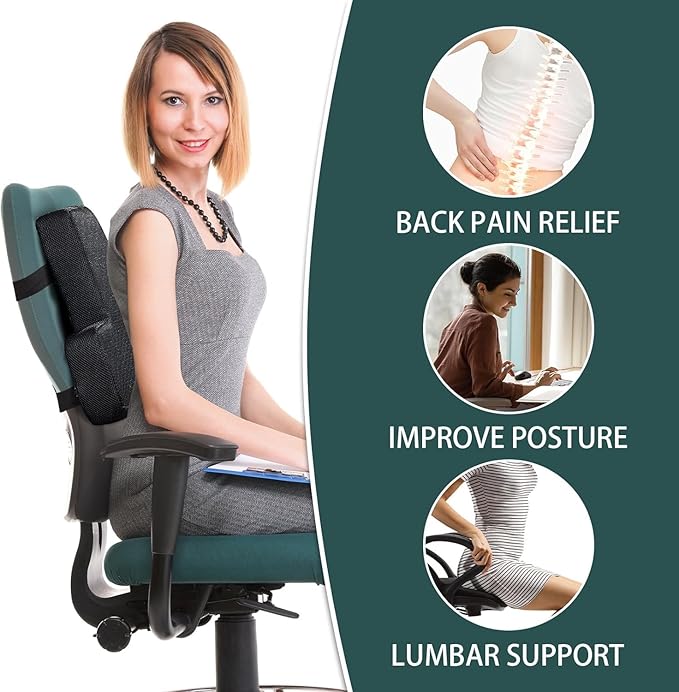 HOMBYS Lumbar Support Pillow for Office Chair-Seat Cushion for Back Support, Improved Sitting Posture and Upper/Lower Back Pain Relief for Desk Chairs, Car Seats and Airplanes (Black, 16"x12"x2")