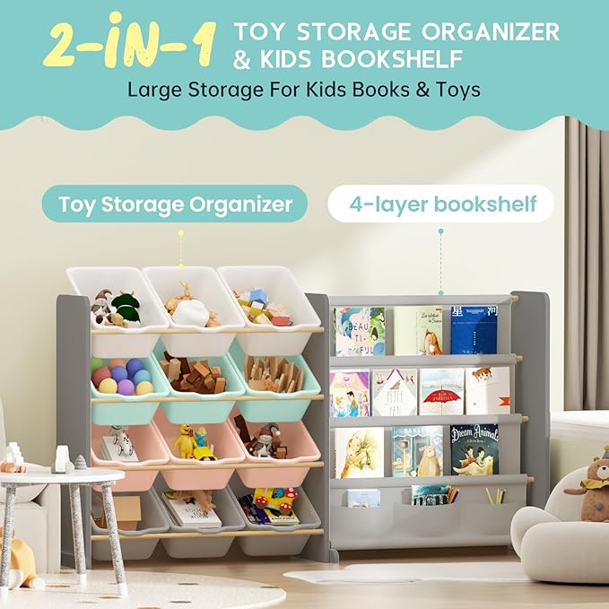 Kids Toy Storage Organizer - Toy Organizer with Kids Bookshelf, Toy Storage with 12 Toy Multi-Color Bins and 4 Book Shelves, Toy Organizers and Storage for Playroom, Nursery, Kids Room, Grey