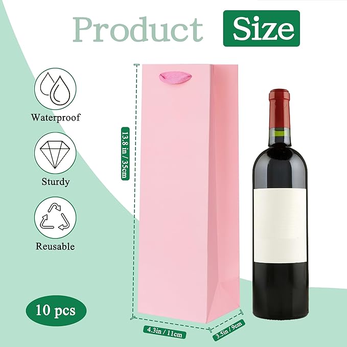 KEYYOOMY Wine Gift Bags - 10 Pack Pink Kraft Paper Wine Bottle Gift Bags with Handles for Wedding Birthday Housewarming Christmas Party Supplies(10CT, 13.8x4.3x3.5 IN, Pink)