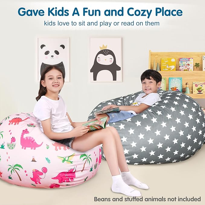 Lukeight Stuffed Animal Storage Bean Bag Chair Cover for Kids, Zipper Beanbag Chair Cover for Organizing Toddler & Kids' Rooms Plush Toys (Stars Gray Velvet, Large)