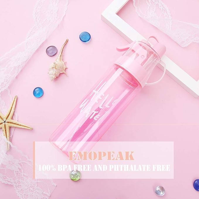 Emopeak 580ML Misting Water Bottle, 20OZ Sports Water Bottle with Spray Mist for Outdoor Hydration, BPA-Free Mist Water Bottle (Pink Transparent, 580ml/20oz)
