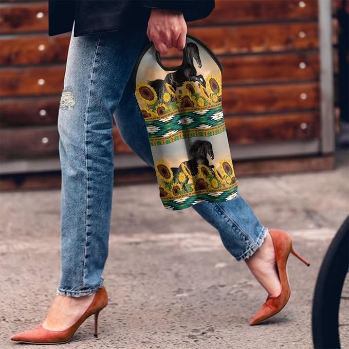 doginthehole Sunflower Horse Wine Bag Insulated Wine Tote Holders Aztec Print Wine Carriers Bag for Wine Beer Cans Water Portable Neoprene Wine Bottle Covers Protector 2 Bottle Wine Carrying Bag