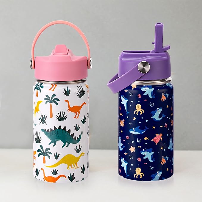Kids Insulated Water Bottle, 2 Pack 12oz Shark & Dinosaur Water Bottles Bulk with Flip Straw & Big Handle, Gifts for Kids Girls to School Travel Sports, Hands Wash Only, Purple & Pink