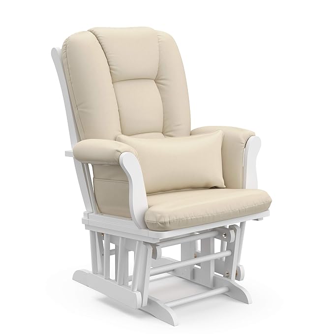 Storkcraft Tuscany Custom Glider and Ottoman with Free Lumbar Pillow (White/Beige) - Cleanable Upholstered Comfort Rocking Nursery Chair with Ottoman