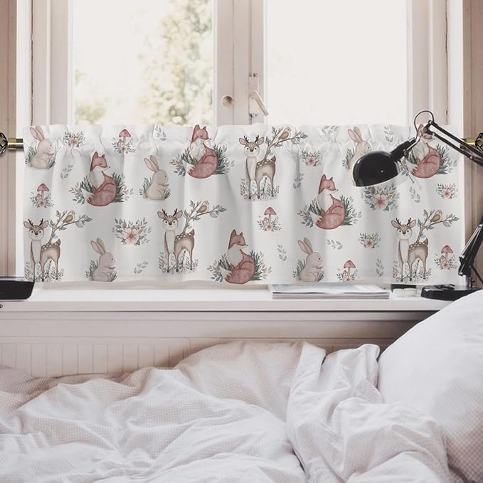 Baby Woodland Animals Leaves Mushroom Valances 54''x18'' Kids Toddler Nursery Bedroom Decor Drapes Deer Rabbit Fox Rod Pocket Short Curtains for Living Room Bathroom Kitchen Cafe 1 Pack