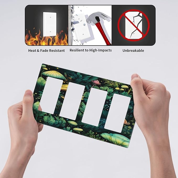 Green Dark Forest Mystical Mushroom 4 Gang Rocker Decora Light Switch Cover Outlet Covers Wall Plate Decorative Switchplate Electrical Faceplate GFCI for Country Bathroom Bedroom Kitchen Decor