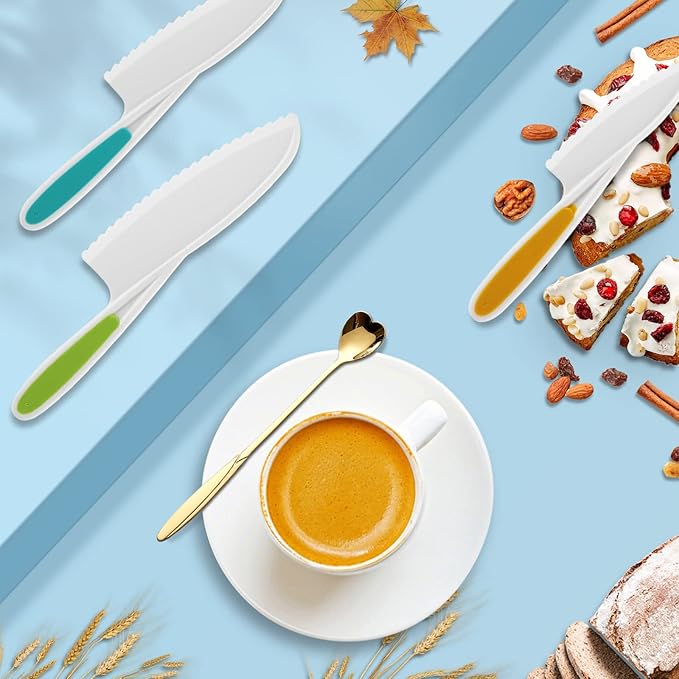 Childrens Knife Set, Kids Children Knives Safe Cooking Firm In 3 Sizes Colors Real Fit Beginners Nylon Fruit Sandwich Salads Vegetables Cakes Kid Friendly Sturdy Love Spoon 4Pack