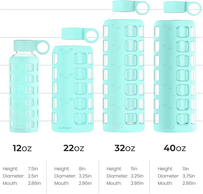 purifyou Premium 40/32 / 22/12 oz Reusable Glass Water Bottles with Time and Volume Markings, Non-Slip Silicone Sleeve & Stainless Steel Lid Insert, for Water, Milk, Juice (12oz Glow in the Dark)