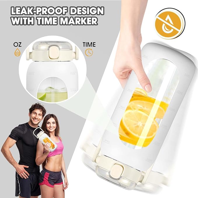 Glass Water Bottles 64 oz - Half Gallon Water Bottle with Straw Phone Holder Handle Time Marker and Silicone Sleeve, Large Motivational Water Jug with Carrier Bag for Daily Intake Gym White