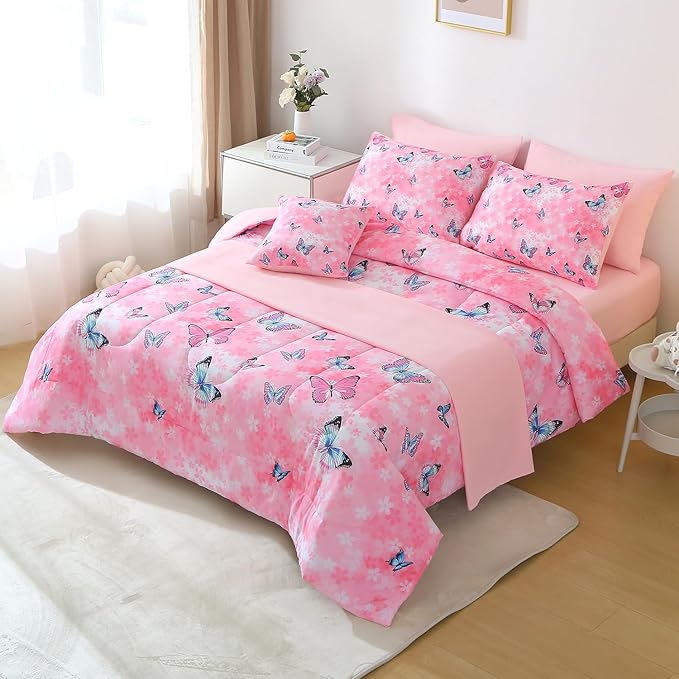 JQinHome 6 Piece Butterfly Comforter Set Twin, 3D Pink Flower Printed Butterfly Bedding Set,All Season Microfiber Butterfly Theme Home Decor Bedding for Girls with Sheet Sets(Pink)