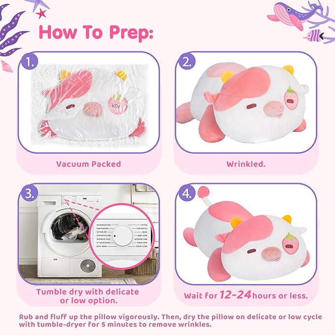 Cute Cow Plush Pillow, Kawaii Plushies Strawberry Cow Stuffed Toys, Squishy Plushies, Cuddle Plush Pillow for Boys & Girls