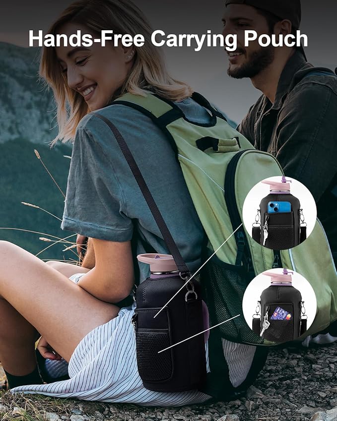 Trebo Half Gallon Water Bottle Insulated with Handle,64 oz Double Wall Stainless Steel Metal Large Jug,Travel Flask with Straw Spout Lid,Mug Tumbler Cup with Carry Pouch,Keep Cold Hot, Purple