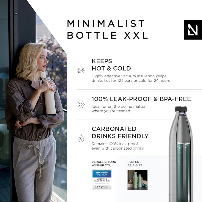 LARS NYSØM Stainless Steel Insulated XL Water Bottle 12oz 17oz 25oz 34oz 51oz | BPA-free Insulated Thermo Flask for Hot and Cold Beverages | Leakproof Large Drinking Bottle (Stainless Steel, 51oz)