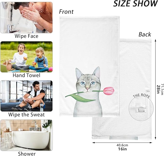 Cat Holding A Tulip Bath Hand Towel Soft Cotton Highly Absorbent Fingertip Towels for Bathroom Beach Kitchen Sports Gym Yoga Travel (2-Pieces Towel Sets, 28x16 inch)