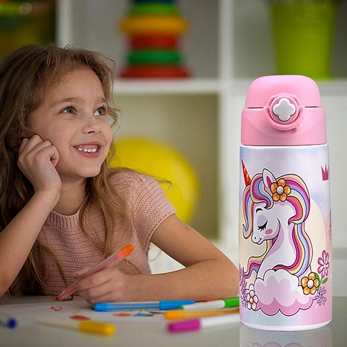 Kids Insulated Water Bottle with Covered Pop-Up Straw,16oz Toddler Cups with Stainless Steel Leak Proof for School Boys Girls Pink（1-Unicorn）