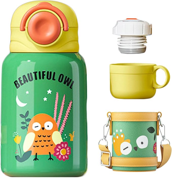 Kawaii Water Bottle with Sleeve Straw and 3 Lids, Cute Water Bottle Double Insulated and Portable Leakproof 15 oz Water Jug for School Sports Travel (GREEN)
