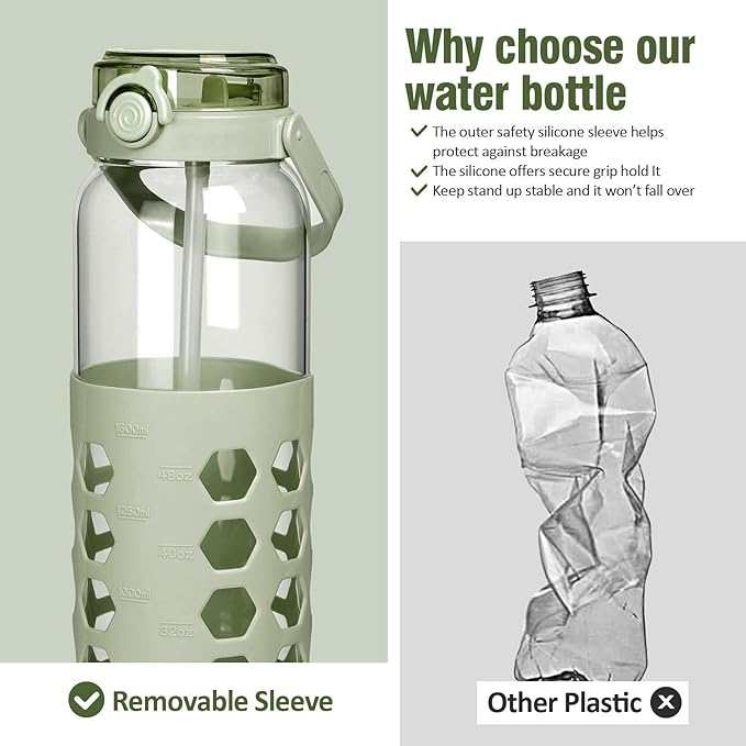 MUKOKO 56oz Glass Water Bottles with Straw and Lid,Motivational Water Jug with Time Marker Reminder and Silicone Sleeve,100% Leakproof BPA Free Fitness Sports Large Bottle-Green