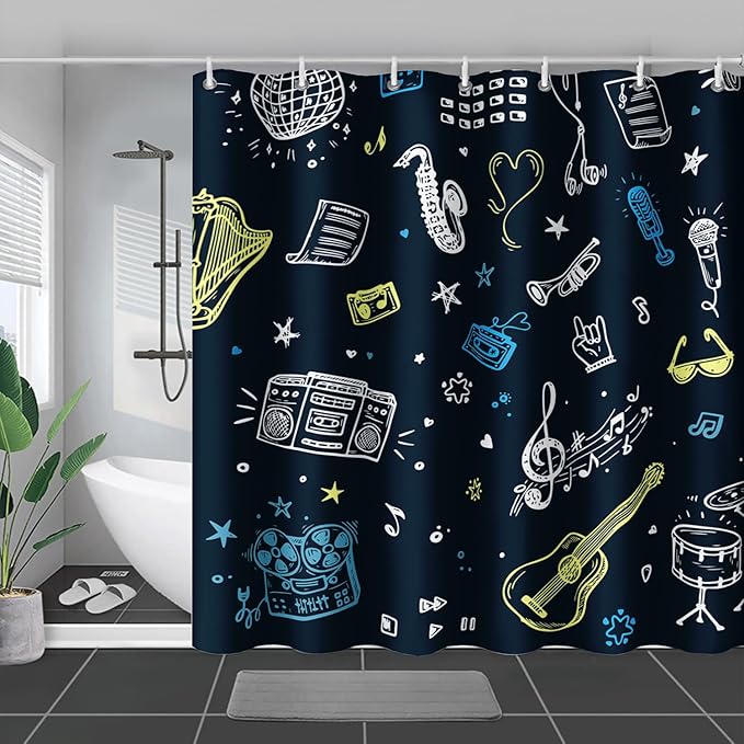 AILONEN Graffiti Note Music Shower Curtain,Hip Hop Music Art Bath Curtain Minimalist Bathroom Curtain 36" W*72" H Polyester Waterproof Bathroom Curtain with 12 Hooks