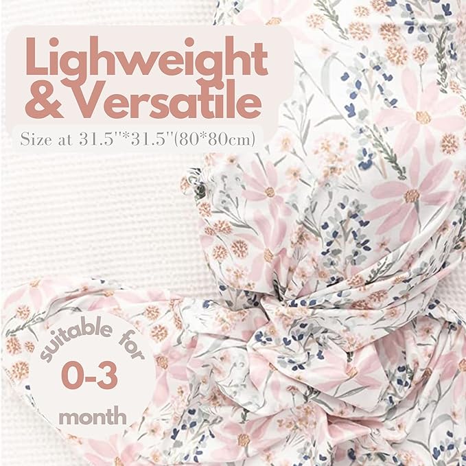 Newborn Baby Girl Receiving Blanket Swaddle Blanket Stretchy Knit Swaddle Set with Matching Headband and Beanie with a Name Card (Golden Floral)