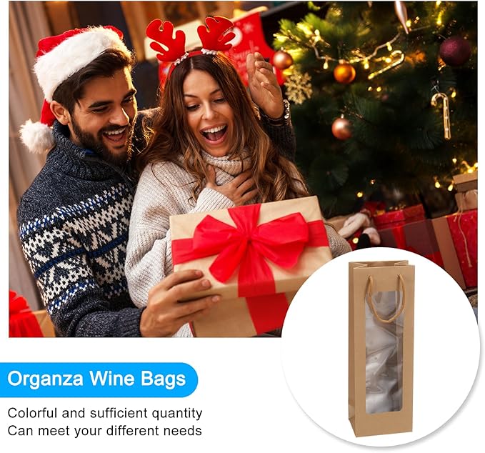 uxcell Wine Bags, 12pcs 4.92"x3.35"x14.2" Wine Gift Bags with Rope Handles, Paper Wine Tote Bag with Clear Window for Wedding Birthday Christmas Party Supplies, Wood