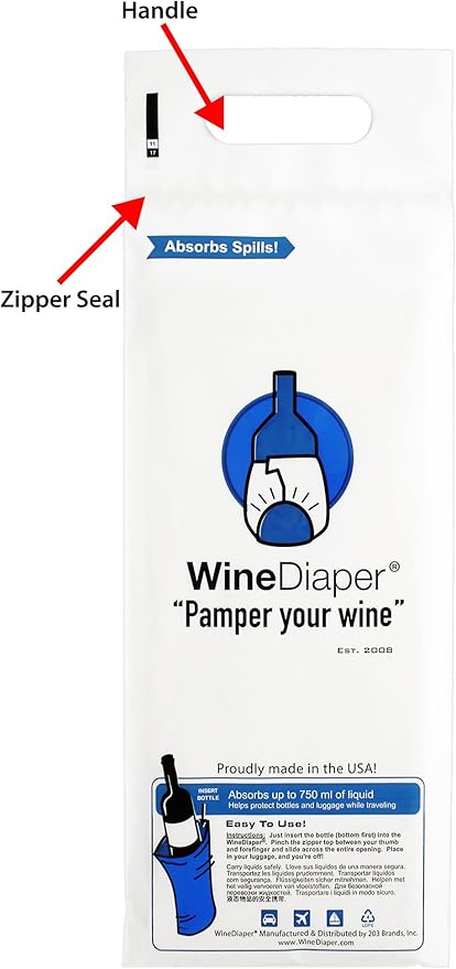 Wine Diaper - Reusable, Protective and Absorbent Wine Bottle Bags for Travel (3 pack) Made in the USA