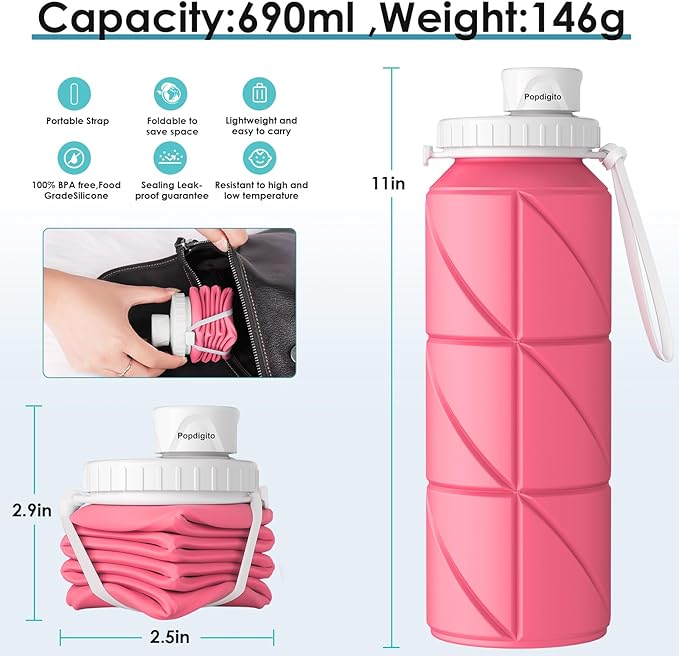 Collapsible Water Bottle Foldable Silicone Travel Water Bottle Leakproof Flexible BPA Free Portable,Folding Water Bottle Lightweight for Camping, Hiking,Sports Water Bottles Travel 23oz