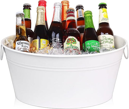 Ice Bucket, Oval Beverage Tub, Galvanized Bucket and drink Cooler for Parties, Ice Tub with Handles for Beer Sparkling Whisky Wine Cocktails (3.5gal) (White)