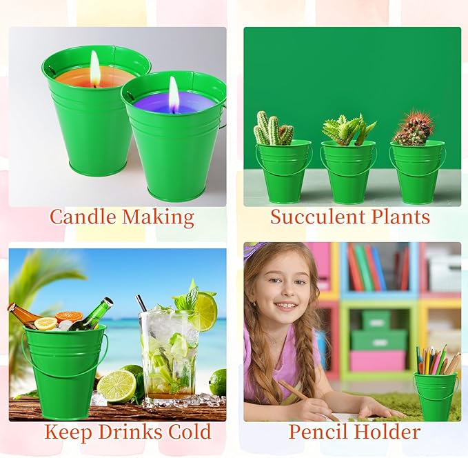 Sadnyy 12 Pack Metal Buckets with Handle, Galvanized Bucket 4.5 x 5 Inch Basket Bucket for Kids, Kids Party Supplies, Crafts for Christmas Halloween Christmas Candy Bars Vase Crafts(Green)