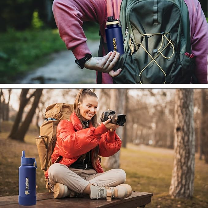 Water Bottle 32oz, Triple Walled Insulated Stainless Steel Reusable Bottle, Silicone Sleeve, Cleaning Brush, 2 Lids (Spout lid & Straw lid w/2 straw), Metal Mug Gallon, BPA Free, Twilight Blue