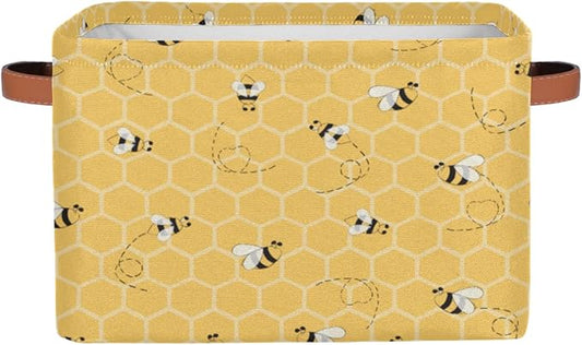 Honeycomb Bee Storage Basket Collapsible Storage Bin Large Fabric Storage Boxes Organizer with Leather Handles for Clothes Toys Books Kitchen Laundry 1Pc