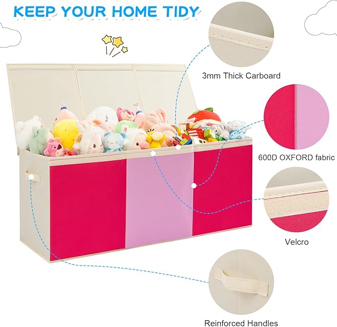Large Toy Box Chest with Lid, Oxford Collapsible Sturdy Toy Storage Boxes Bins Baskets for Boys, Girls, Closet, Playroom, Nursery Room, 39"x15.5"x13" (Pink & Red)