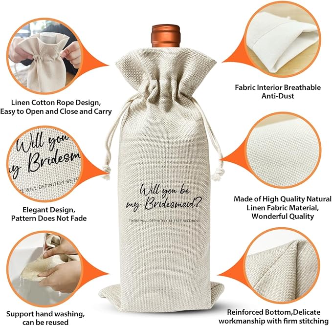 Bridesmaids Proposal Gift For Best Friend, Drawstring Cotton Linen Wine Bag, Wedding Party Favor, Bachelorette Party Supply, Wedding or Engagement Gift, Bridal Party Gift for Bridesmaid Boxes