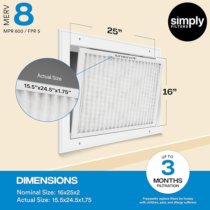 Simply 16x25x2 Air Filter, MERV 8, MPR 600, 6 Pack, Furnace Air Filter for HVAC (Actual Size:15.5"x24.5"x1.75") DUST, Pet, & Allergy Control