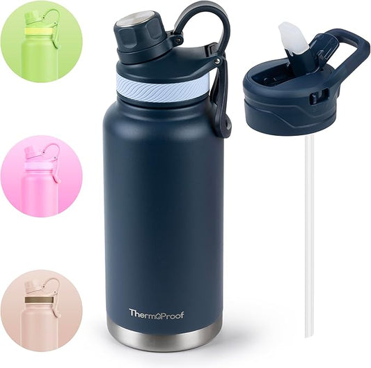 ThermoProof Double Walled Vacuum Insulated Stainless Steel Water Bottle - 32oz, Straw Lid & Spout Lid - Leak Proof - Gym, Hiking Bottles for Men, Women & Kids - Hot & Cold (Navy 32oz)
