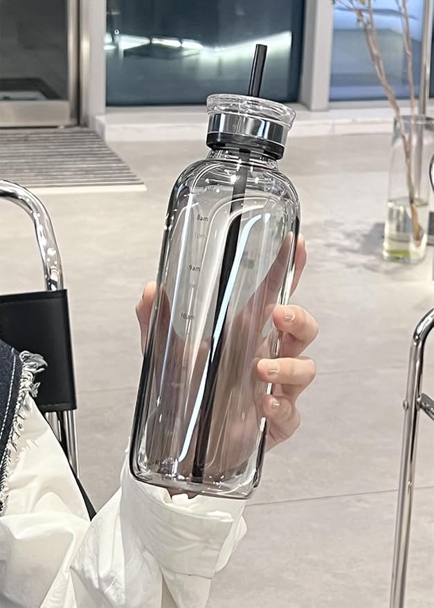 Glass Water Bottles With Double Lid,26OZ Clear Water Bottle With Time Marker,Water Bottle With Straw, Circle Water Bottle For Milk,Juice, Coffee(750ml,Grey)