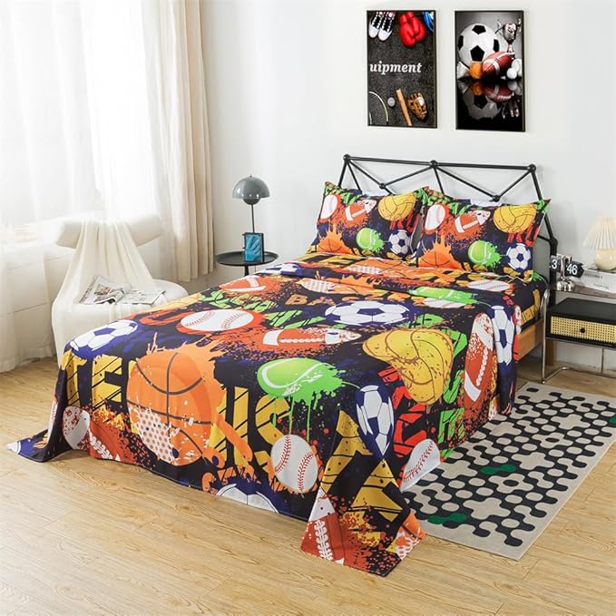 qjmiaofang Basketball Sheets Full Size Sports Sheets for Kids Boys American Football Fitted Sheet Sport Sheet Set 4Pieces Baseball and Soccer Flat Sheet 1 Fitted Sheet 1 Flat Sheet 2 Pillowcases