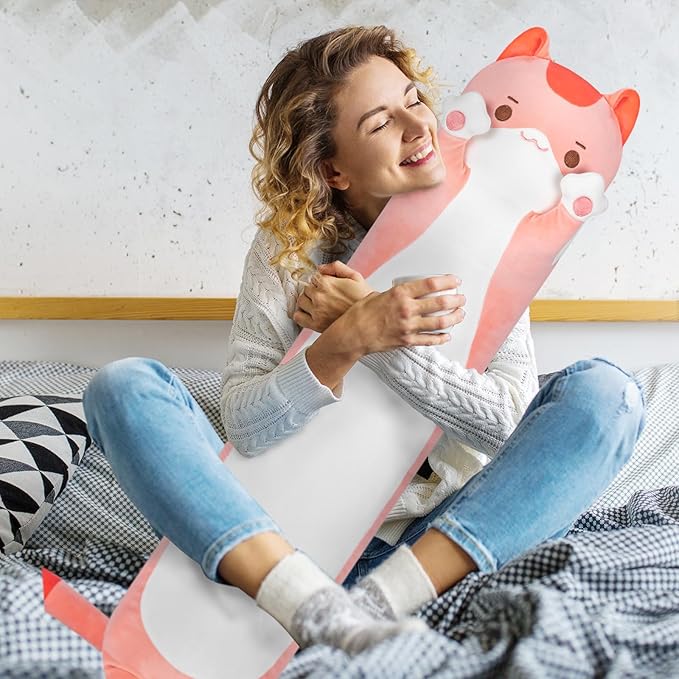 Long Cat Plush Kids Body Pillow, 53 Inch Cute Pink Cat Stuffed Animals Soft Plushies, Kitten Kawaii Plush Throw Pillow Doll Toy Gift for Girlfriend