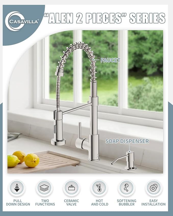 Kitchen Faucet, Kitchen Faucet with Soap Dispenser, Faucet for Camper Farmhouse RV Kitchen Sink, Single Handle Stainless Steel Kitchen Sink Faucets with Pull Down Sprayer, Nickel Brushed