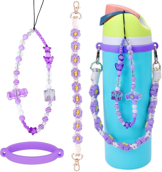 Mity rain Water Bottle Accessories Set for Owala, Including Water Bottle Handle Strap, Charms,Bohemian Style Personality and Easy to Carry (Purple, Universal (not Include Boot))