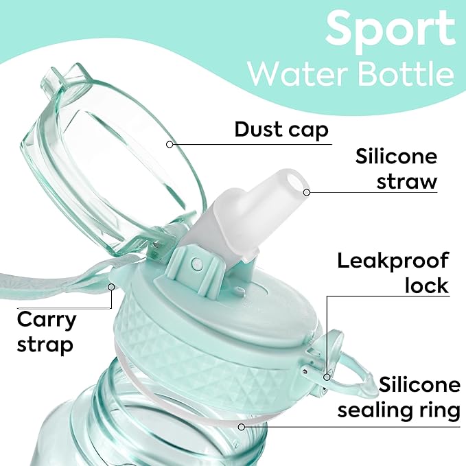 OLDLEY Kids Water Bottle with Straw 15 oz BPA-Free Leak-Proof Motivational Water Bottles with Time Marker for School Sports Travel Gym, Easy to Use for Girls Goys, 1 Straw Lid, Transparent-green