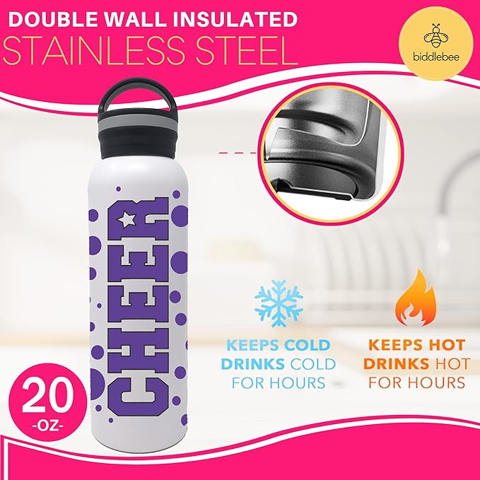 25 oz. Cheer Dance & Gymnastics Stainless Steel Water Bottle - Perfect Gifts for Cheerleaders, Dancers, Gymnasts & Coaches (Cheer Purple)