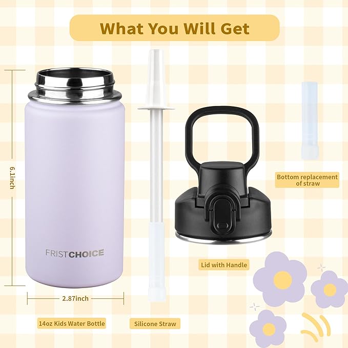 Kids Insulated Water Bottle with Straw,14oz Stainless Steel Water Bottle,BPA-free and Leak-proof,Double Wall Vacuum Water Flask for School,Gifts for Boys and Girls（14oz,Lavender）