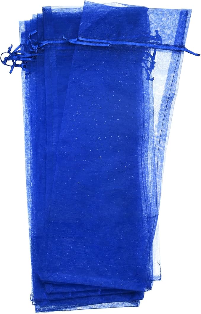 uxcell Organza Wine Bags, 12PCS 14.5 x 5.5 In Dark Blue Sheer Mesh Organza Wine Wrapping Bags With Drawstring Wine Gift Pouches for Bottle Birthday, Wedding Party
