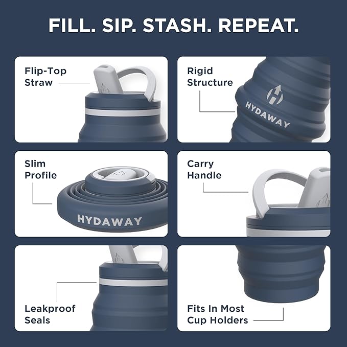 HYDAWAY Collapsible Water Bottle - 25oz I Reusable Water Bottle with Flip Top Lid for Travel, Hiking, Backpacking I Portable & Leakproof, Food-Grade Silicone, BPA Free, Collapses to 1.5”