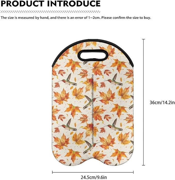 doginthehole 2 Bottle Wine Carrier Tote Fall Maple Leaves Hummingbirds Print Wine Bag 750ML Portable Neoprene Wine Bottle Travel Protector Champagne Bag with Handle for Picnic, Thanksgiving Party
