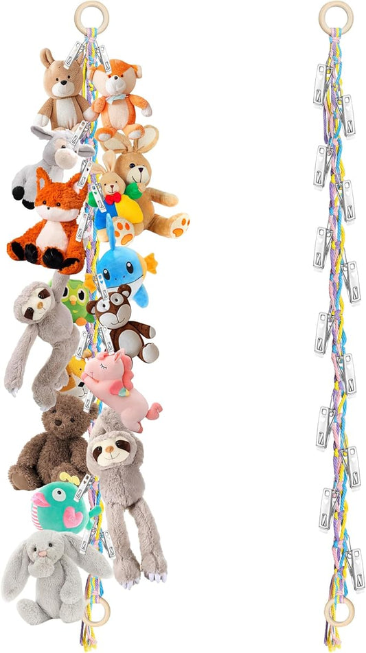 Hanging Stuffed Animal Storage Hammock - 78 Inch Stuffed Animal Hammock Corner with 20 PCS Metal Clips, Boho Stuffed Animal Net with Wooden Ring Macrame Stuff Animal Organizer for Room Decor