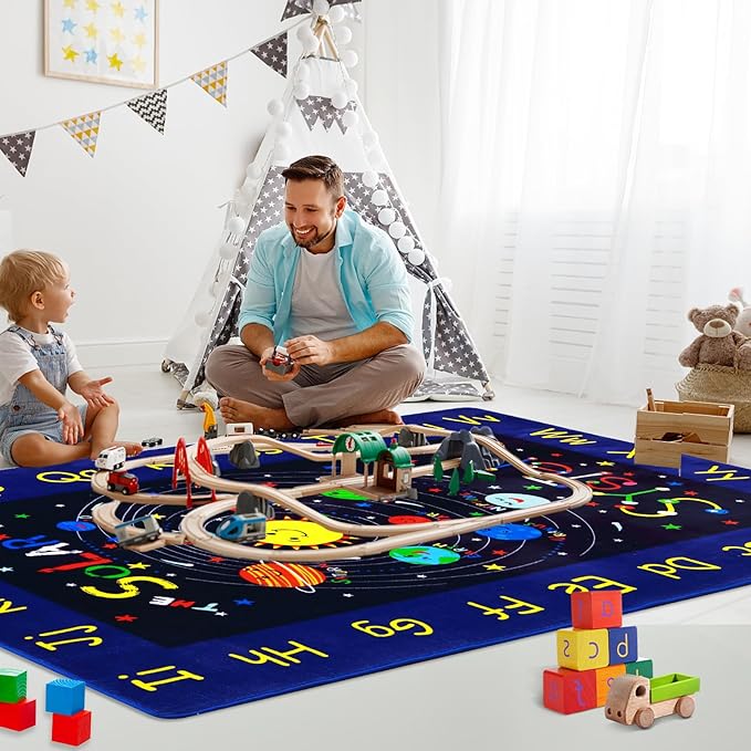 Kids Rug 5x7 Rug Solar System Pattern Nursery Rug Baby Soft Area Rug Non Shedding Carpet for Babyroom Play Room Non Slip Educational Rug Galaxy Outer Space Playmat, Blue|Solar System 5'x7'