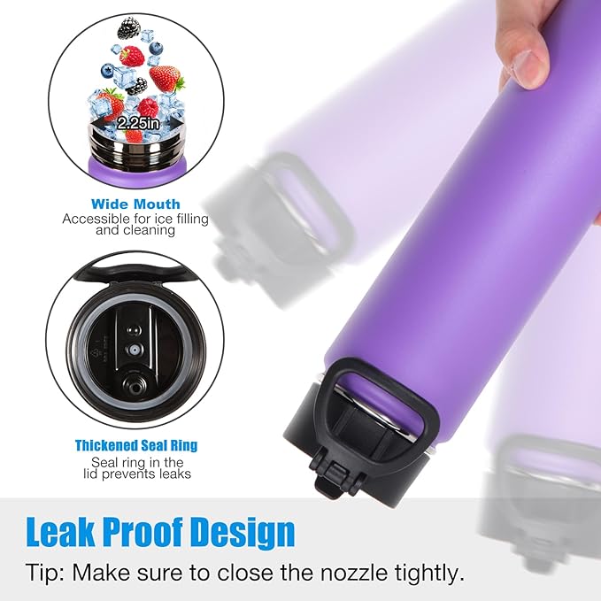 Volhoply 24oz Insulated Water Bottle With Straw Bulk 8 Pack,Metal Wide Mouth Water Bottles With Handle Lid Keep Cold,Reusable Double Wall Thermos,Powder Coated Sport Bottle For Holder(Purple,8 Count)