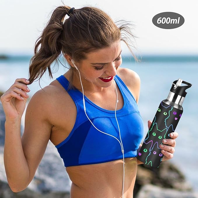 senya 34 Oz Water Bottle with Straw Colorful Neon Cat Stainless Steel Water Bottle for Traveling Sports Leakproof Insulated Water Bottle